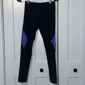 Victoria’s Secret High-Waisted Tights – Black with Purple Mesh, Size Small